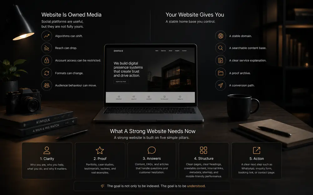 Minimalist dark workspace showing a business website as owned media built on clarity, proof, answers, structure, and action